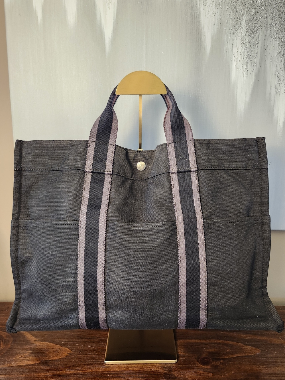 Hermes Toile Fourre-Tout MM Tote Bag in Black and Grey